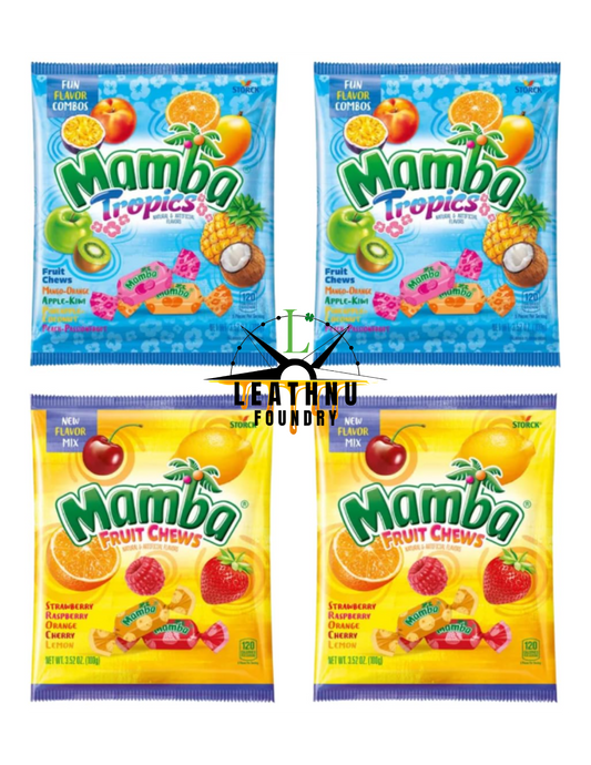 Mamba Fruit Chews & Tropics Assorted Candy, Individually Wrapped Candies - 3.52oz Bags (Pack of 4 packaged Leathnu Foundry)